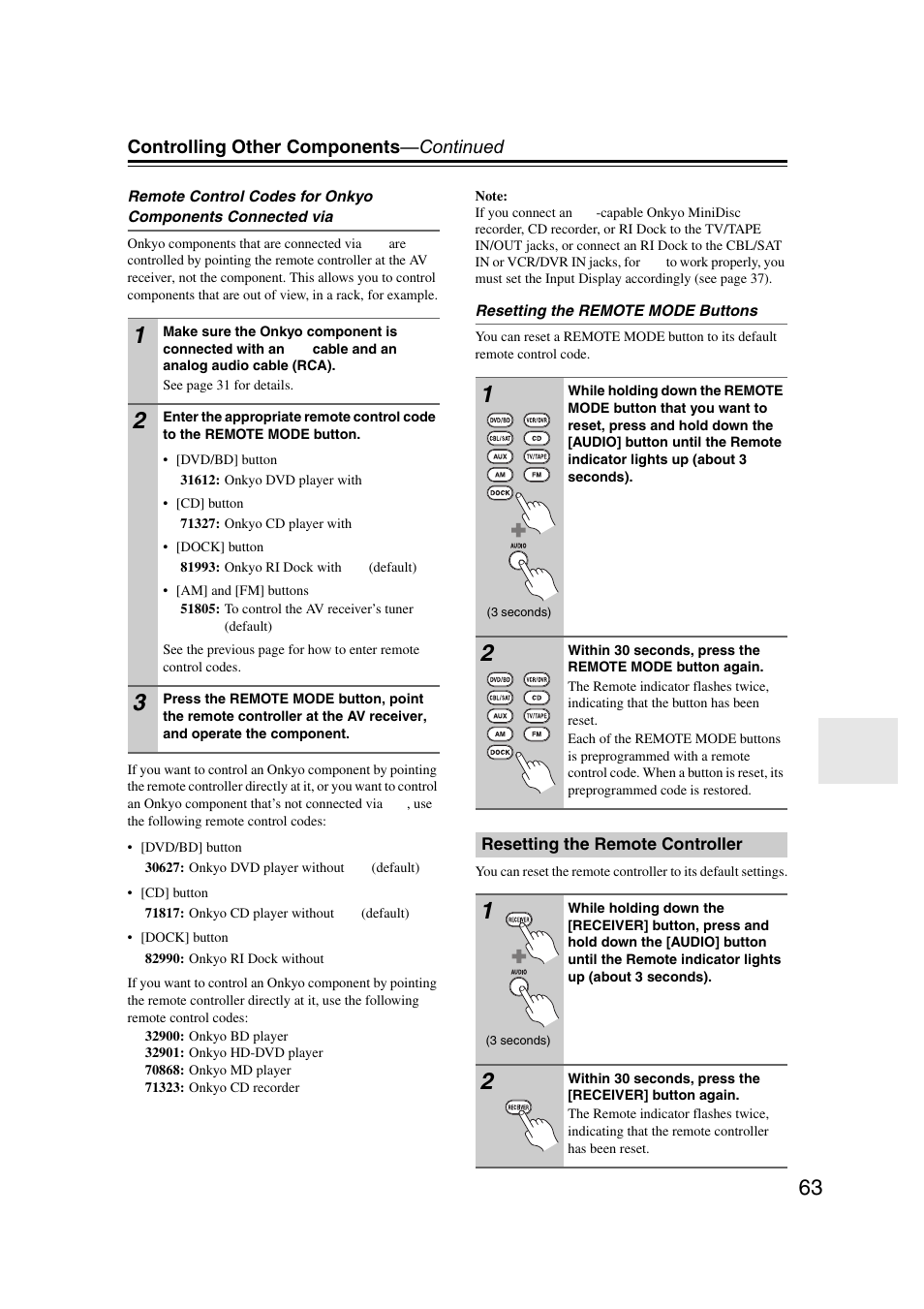 Resetting the remote controller, Controlling other components —continued | Onkyo TXSR307 User Manual | Page 63 / 72