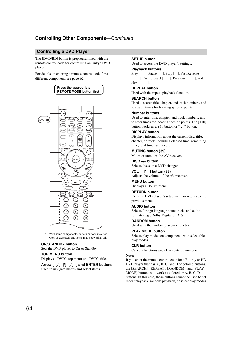 Controlling a dvd player, Controlling other components —continued | Onkyo TXSR307 User Manual | Page 64 / 72