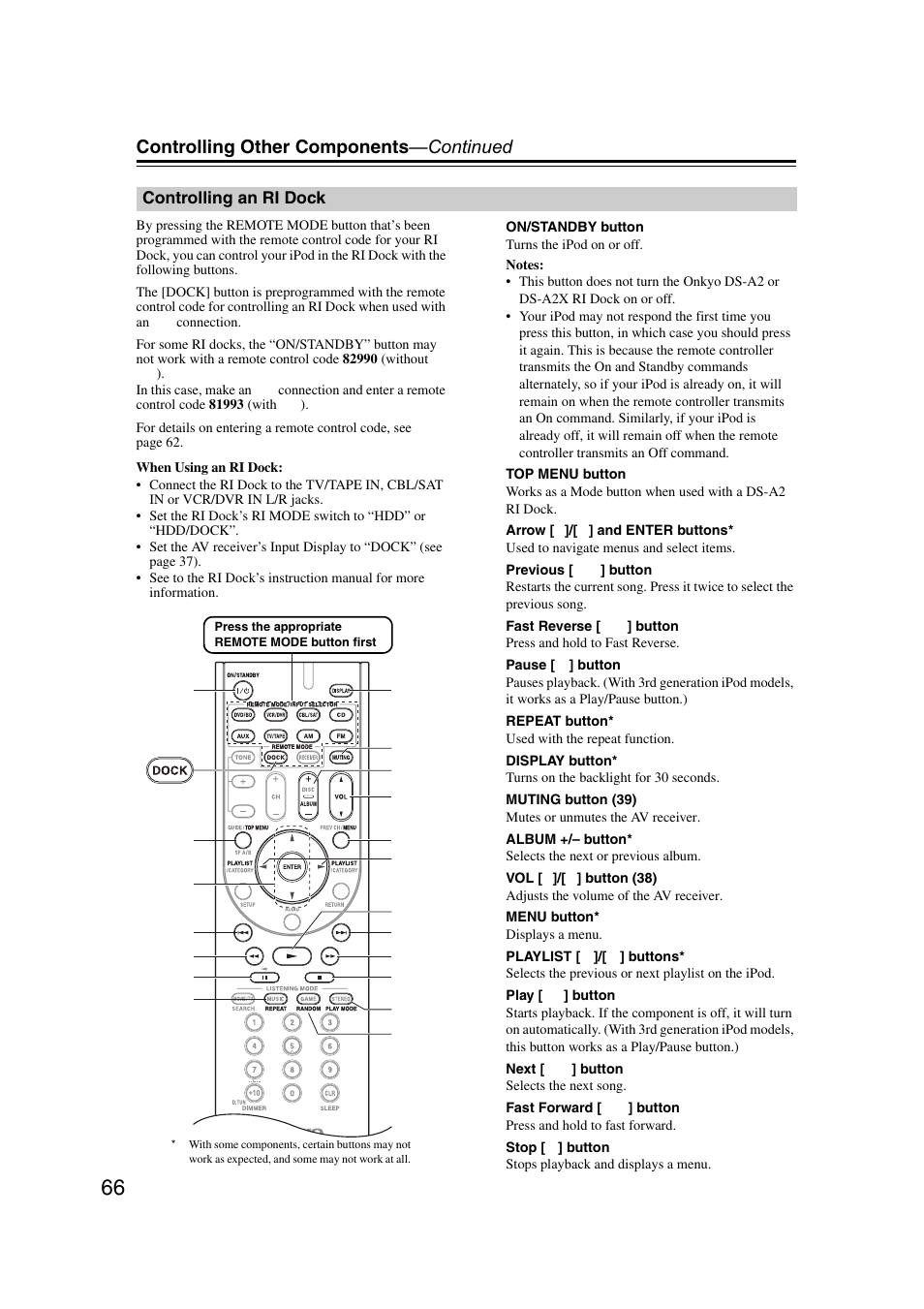 Controlling an ri dock, Controlling other components —continued | Onkyo TXSR307 User Manual | Page 66 / 72