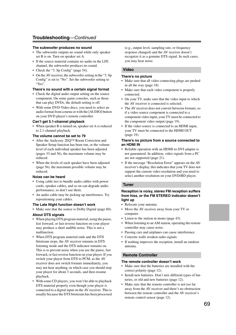 Troubleshooting —continued | Onkyo TXSR307 User Manual | Page 69 / 72