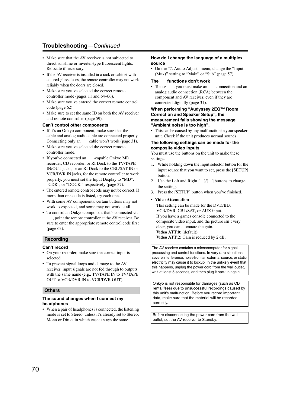 Troubleshooting —continued | Onkyo TXSR307 User Manual | Page 70 / 72