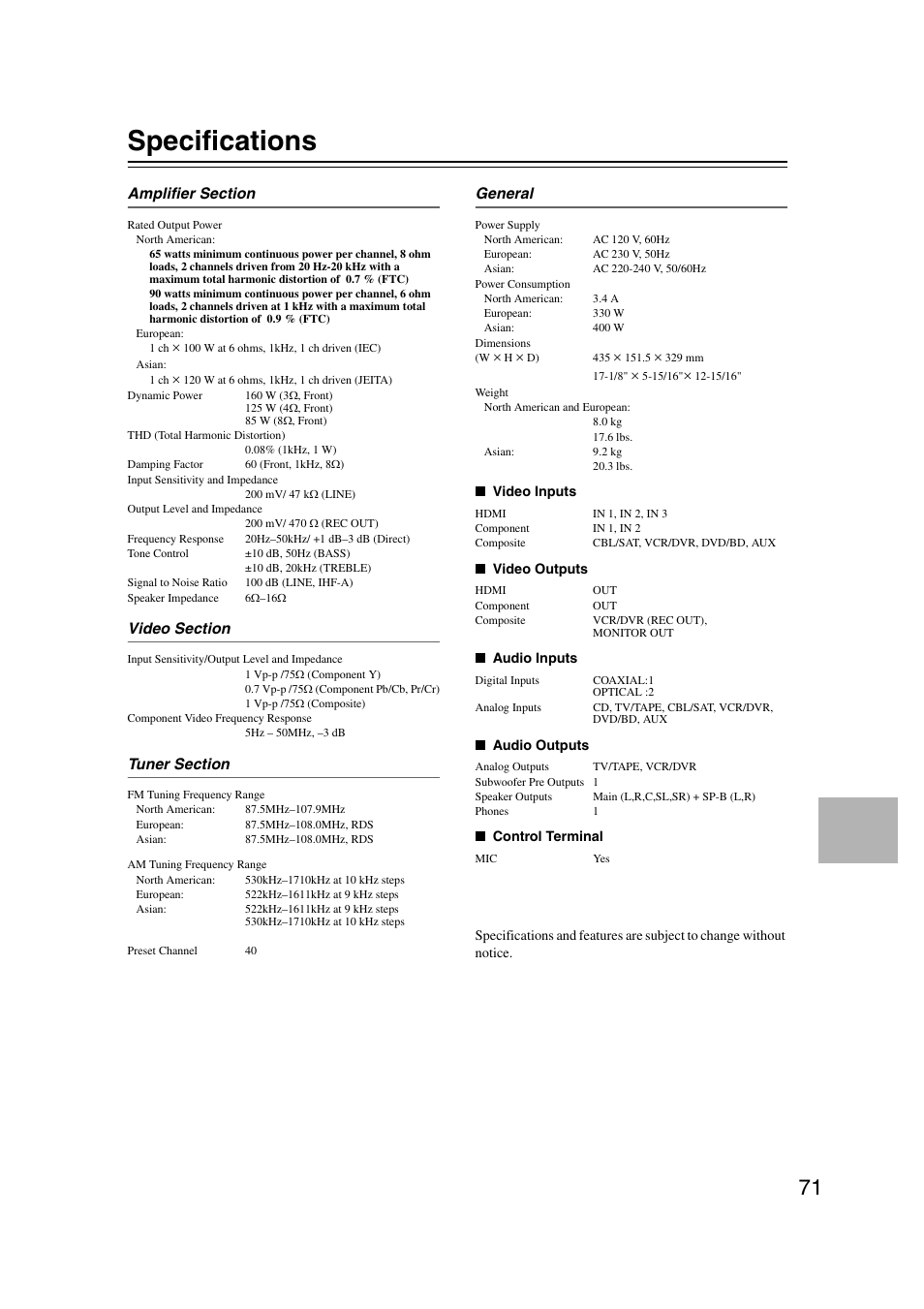 Specifications | Onkyo TXSR307 User Manual | Page 71 / 72