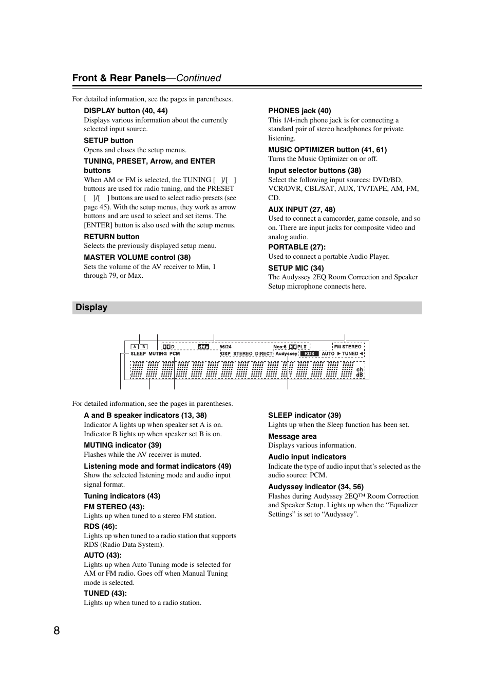 Display, Front & rear panels —continued | Onkyo TXSR307 User Manual | Page 8 / 72