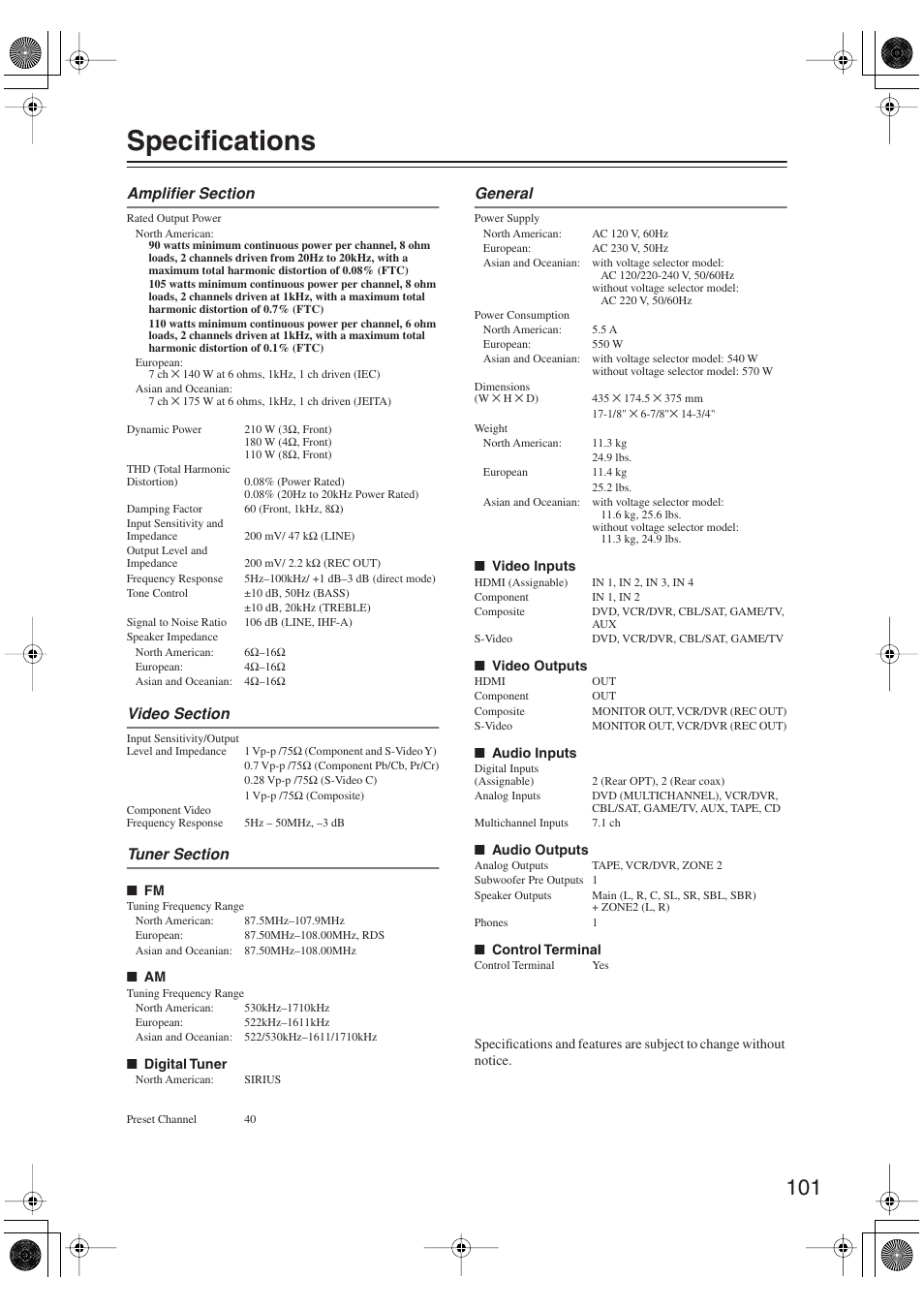 Specifications | Onkyo TX-SR606 User Manual | Page 101 / 104