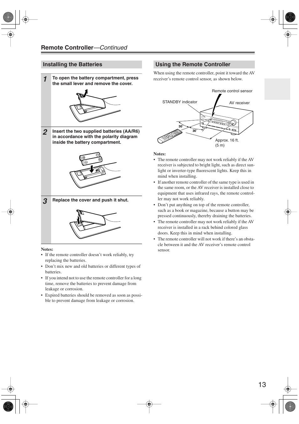 Installing the batteries, Using the remote controller, Ol sensor (13) | Onkyo TX-SR606 User Manual | Page 13 / 104