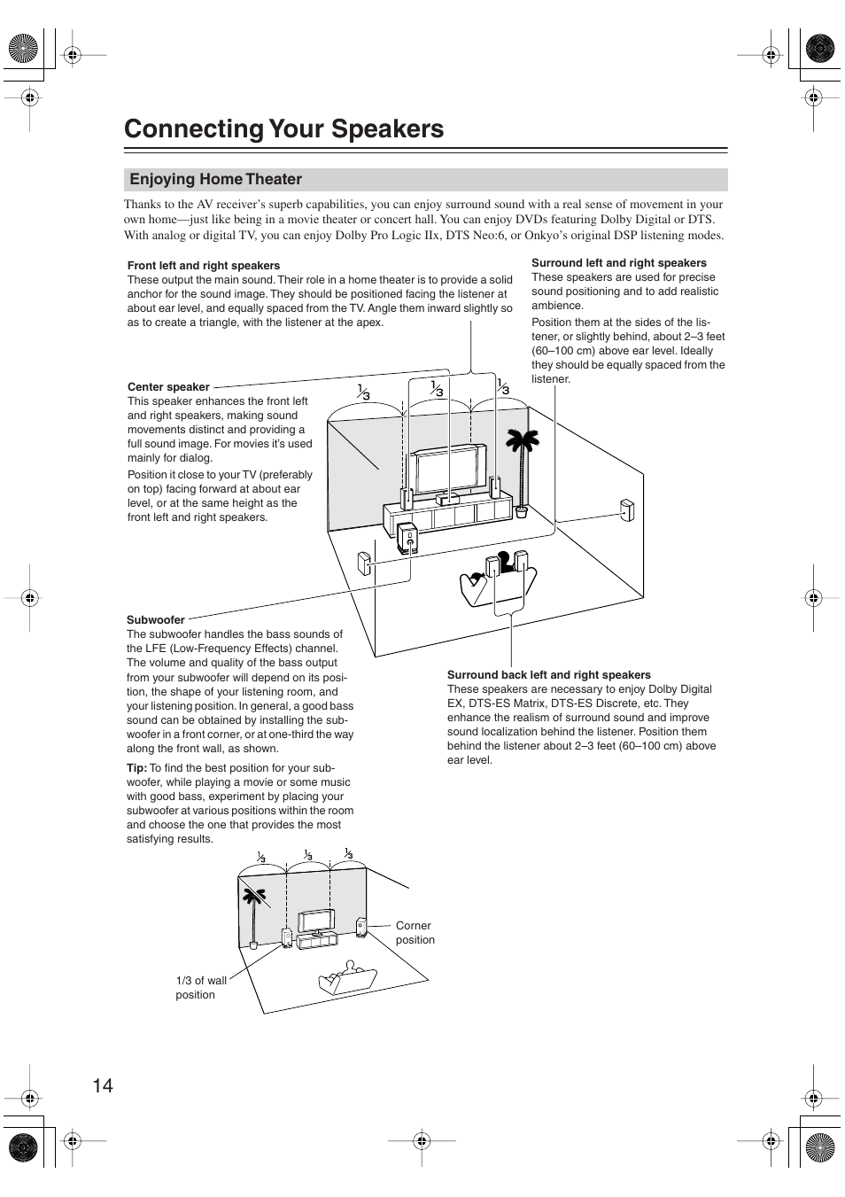Connecting your speakers, Enjoying home theater, Connection | Onkyo TX-SR606 User Manual | Page 14 / 104