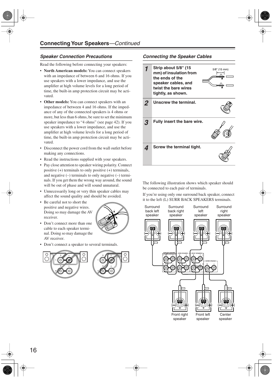 Connecting your speakers —continued | Onkyo TX-SR606 User Manual | Page 16 / 104