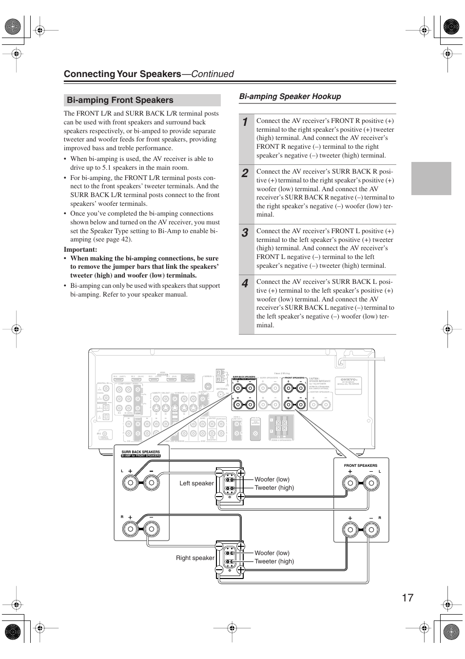 Bi-amping front speakers, Connecting your speakers —continued, Bi-amping speaker hookup | Onkyo TX-SR606 User Manual | Page 17 / 104