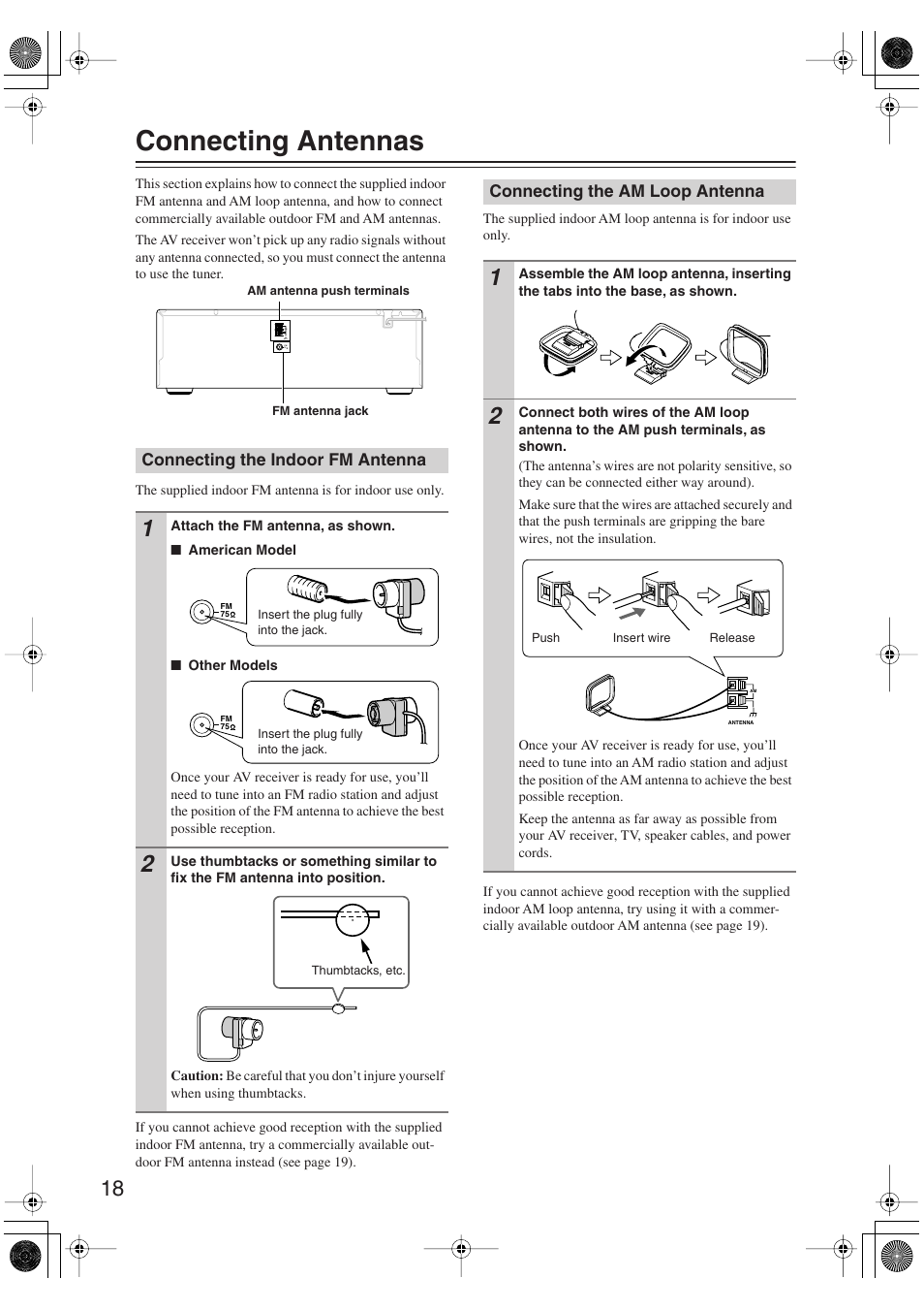 Connecting antennas, Connecting the indoor fm antenna, Connecting the am loop antenna | Onkyo TX-SR606 User Manual | Page 18 / 104
