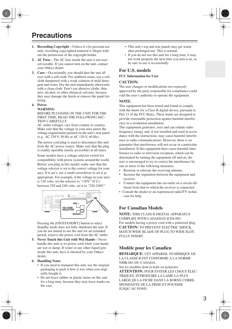 Precautions, For u.s. models, For canadian models | Modèle pour les canadien | Onkyo TX-SR606 User Manual | Page 3 / 104