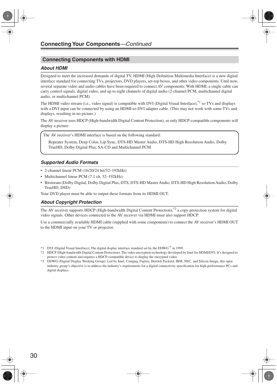 Connecting components with hdmi, Connecting your components —continued | Onkyo TX-SR606 User Manual | Page 30 / 104