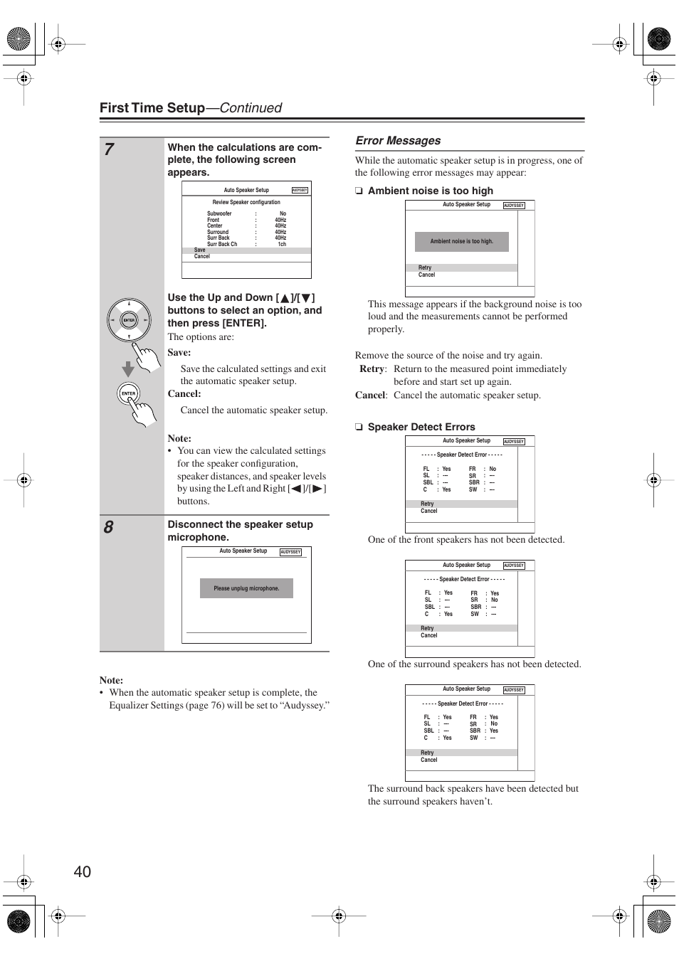 First time setup —continued, Error messages | Onkyo TX-SR606 User Manual | Page 40 / 104