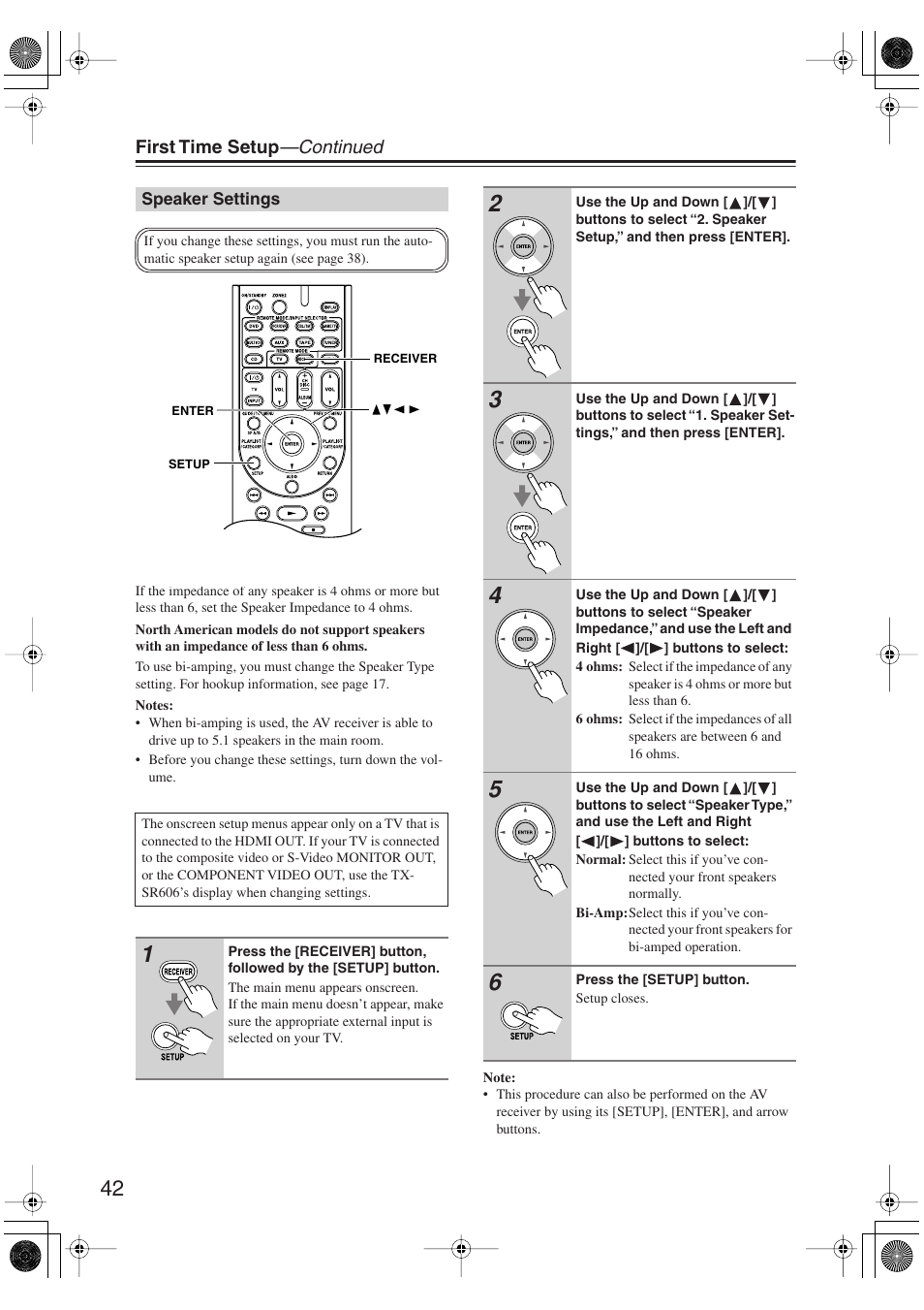 Speaker settings | Onkyo TX-SR606 User Manual | Page 42 / 104