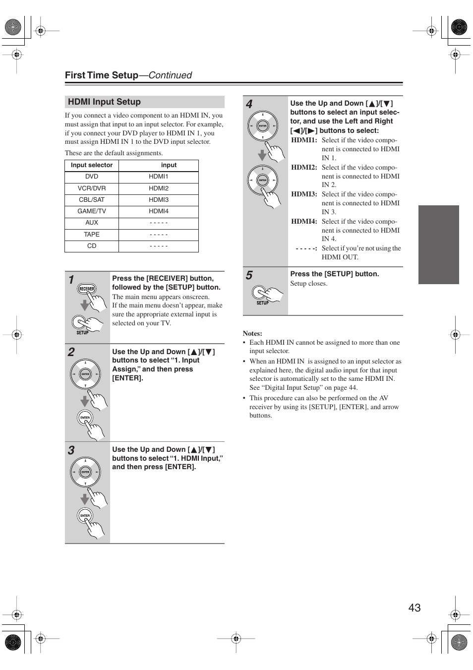 Hdmi input setup, First time setup —continued | Onkyo TX-SR606 User Manual | Page 43 / 104
