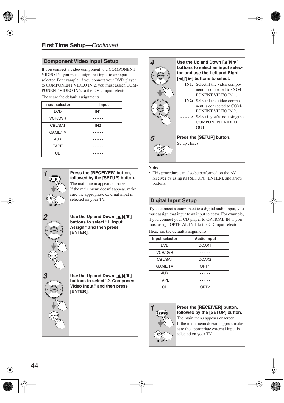 Component video input setup, Digital input setup, Component video input setup digital input setup | First time setup —continued | Onkyo TX-SR606 User Manual | Page 44 / 104