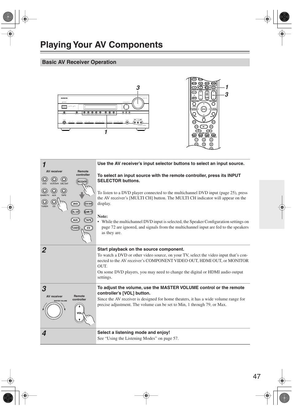 Playing your av components, Basic av receiver operation, Uttons (47) | Ol (47), Utton (47) | Onkyo TX-SR606 User Manual | Page 47 / 104