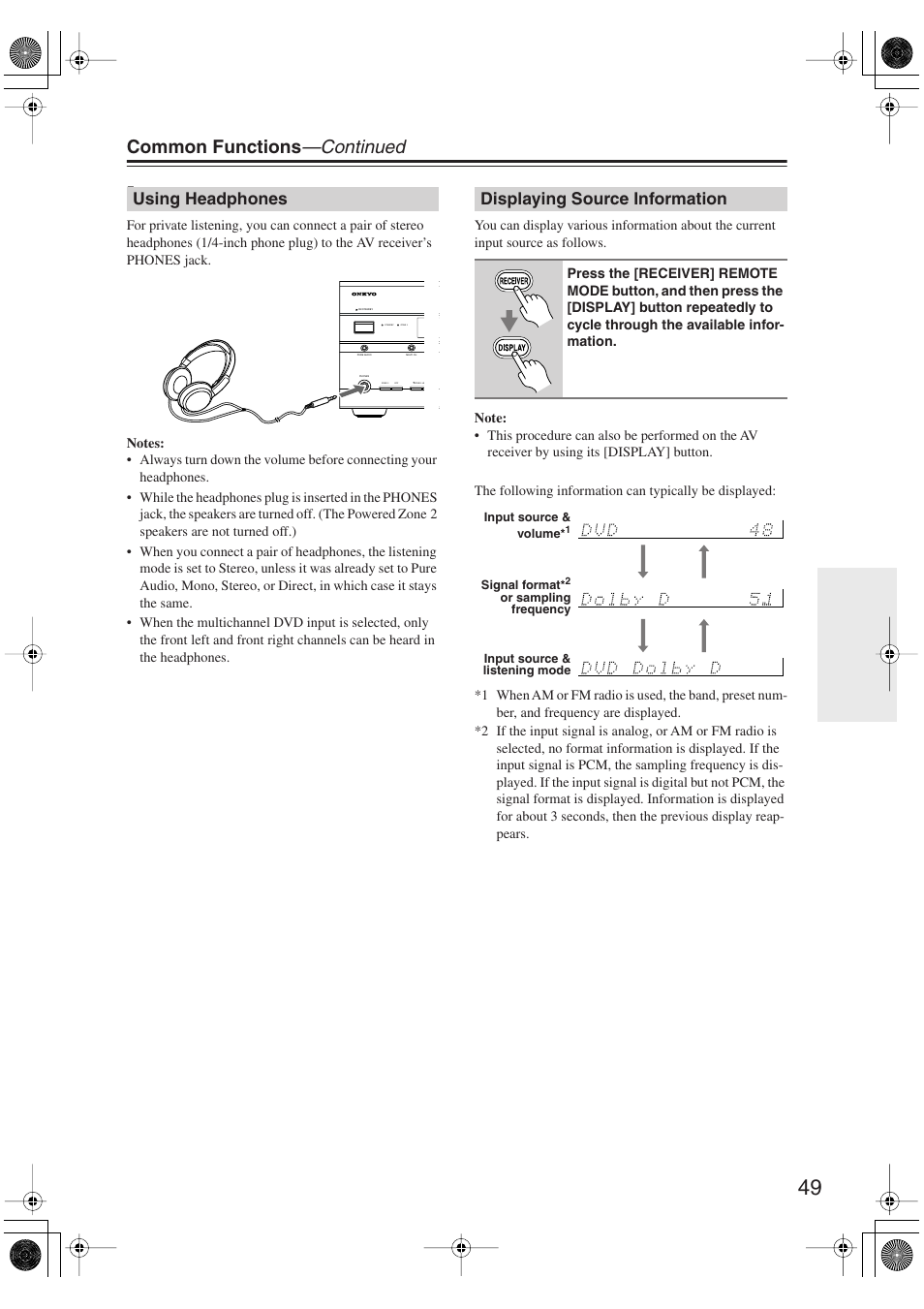Using headphones, Displaying source information, Using headphones displaying source information | K (49), Utton (49), Common functions —continued | Onkyo TX-SR606 User Manual | Page 49 / 104
