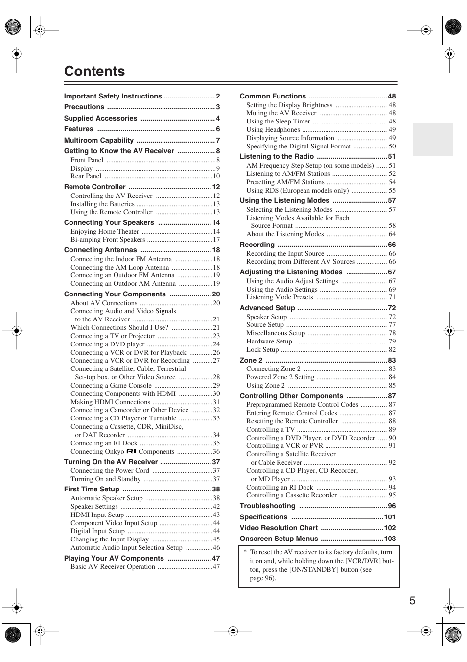 Onkyo TX-SR606 User Manual | Page 5 / 104