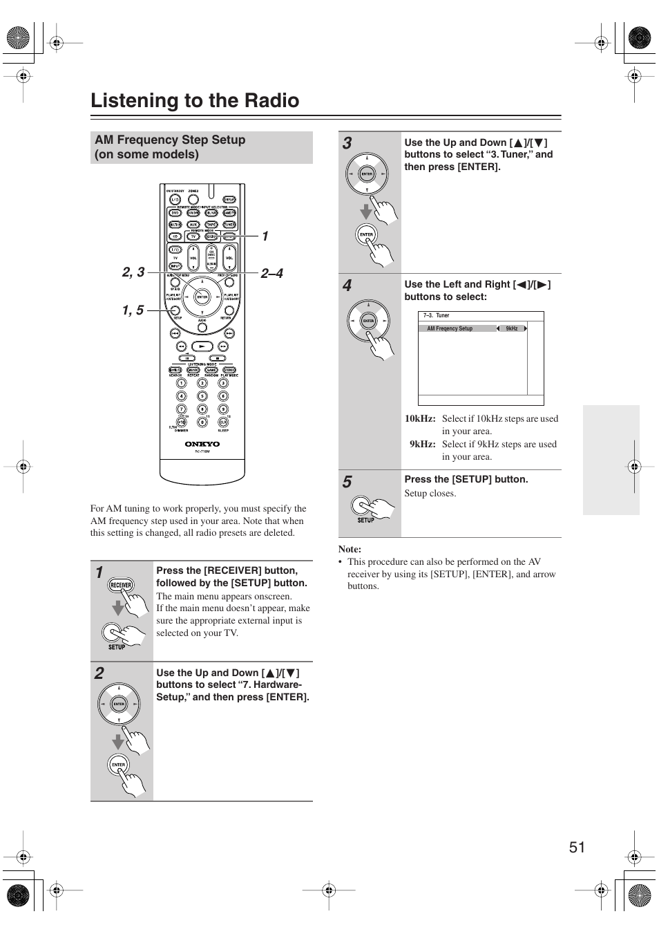 Listening to the radio, Am frequency step setup (on some models) | Onkyo TX-SR606 User Manual | Page 51 / 104