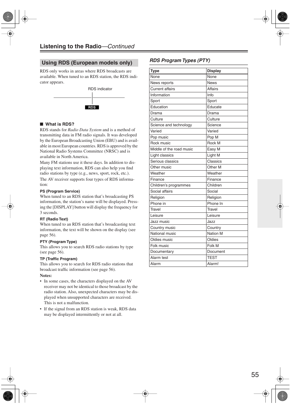 Using rds (european models only), Rds (55), Listening to the radio —continued | Onkyo TX-SR606 User Manual | Page 55 / 104
