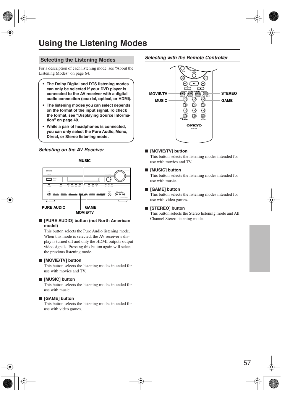 Using the listening modes, Selecting the listening modes, Utton (57) | S (57), Uttons (57) | Onkyo TX-SR606 User Manual | Page 57 / 104