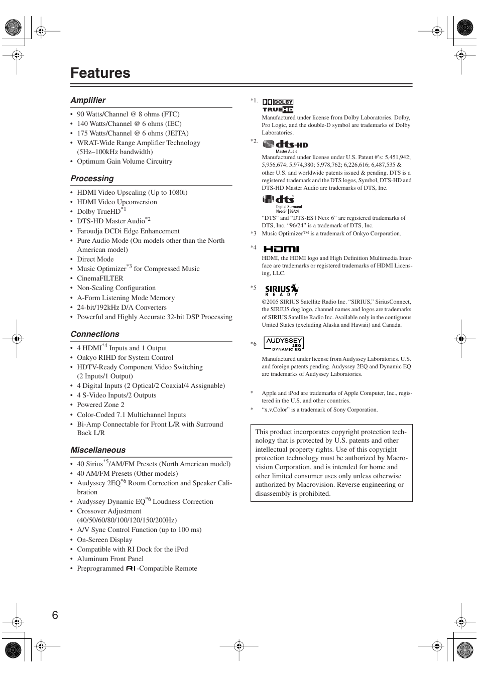 Features | Onkyo TX-SR606 User Manual | Page 6 / 104