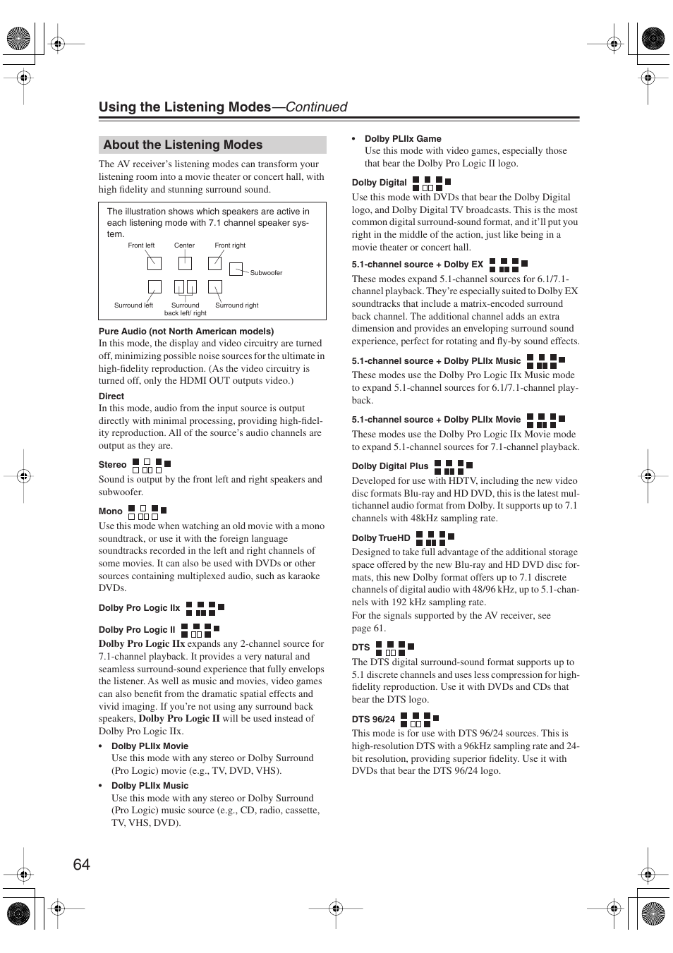 About the listening modes, Using the listening modes —continued | Onkyo TX-SR606 User Manual | Page 64 / 104