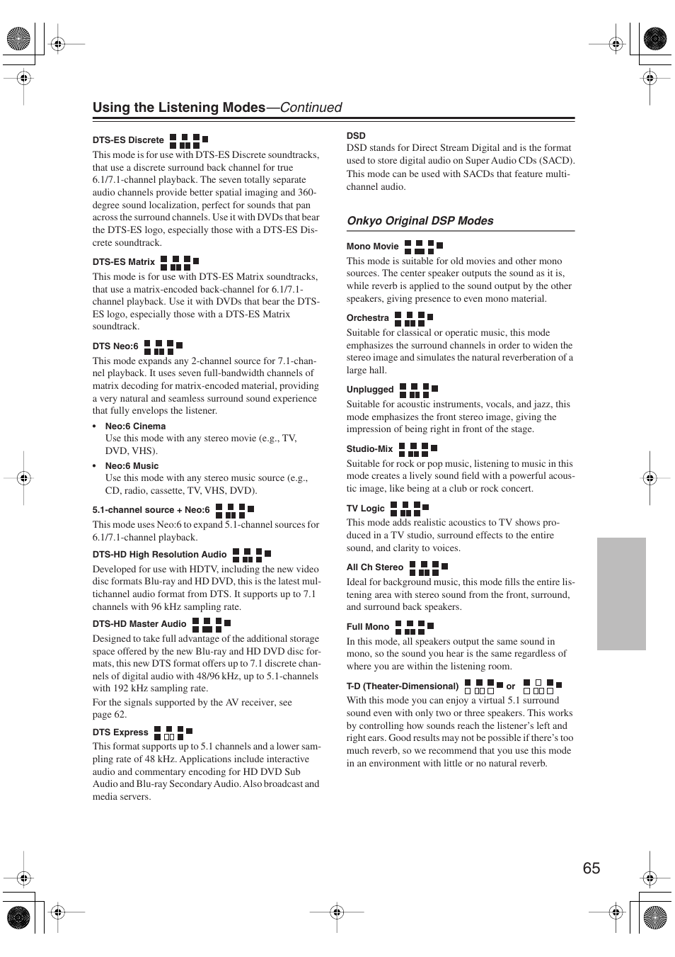 Using the listening modes —continued | Onkyo TX-SR606 User Manual | Page 65 / 104