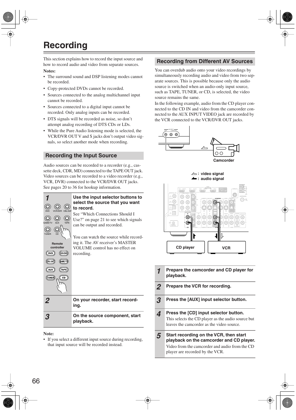 Recording, Recording the input source, Recording from different av sources | On your recorder, start record- ing, On the source component, start playback, Prepare the camcorder and cd player for playback, Prepare the vcr for recording, Press the [aux] input selector button | Onkyo TX-SR606 User Manual | Page 66 / 104