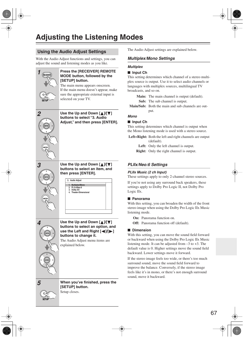 Adjusting the listening modes, Using the audio adjust settings, Advanced operation | Onkyo TX-SR606 User Manual | Page 67 / 104