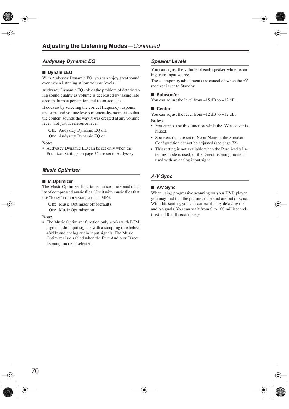 Adjusting the listening modes —continued | Onkyo TX-SR606 User Manual | Page 70 / 104