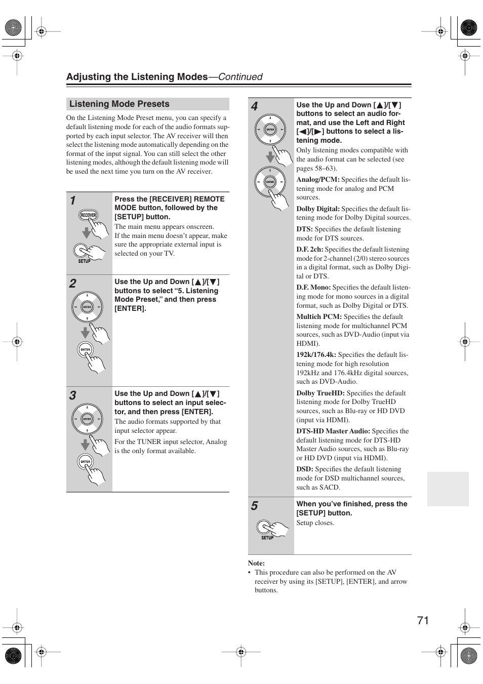 Listening mode presets, Adjusting the listening modes —continued | Onkyo TX-SR606 User Manual | Page 71 / 104