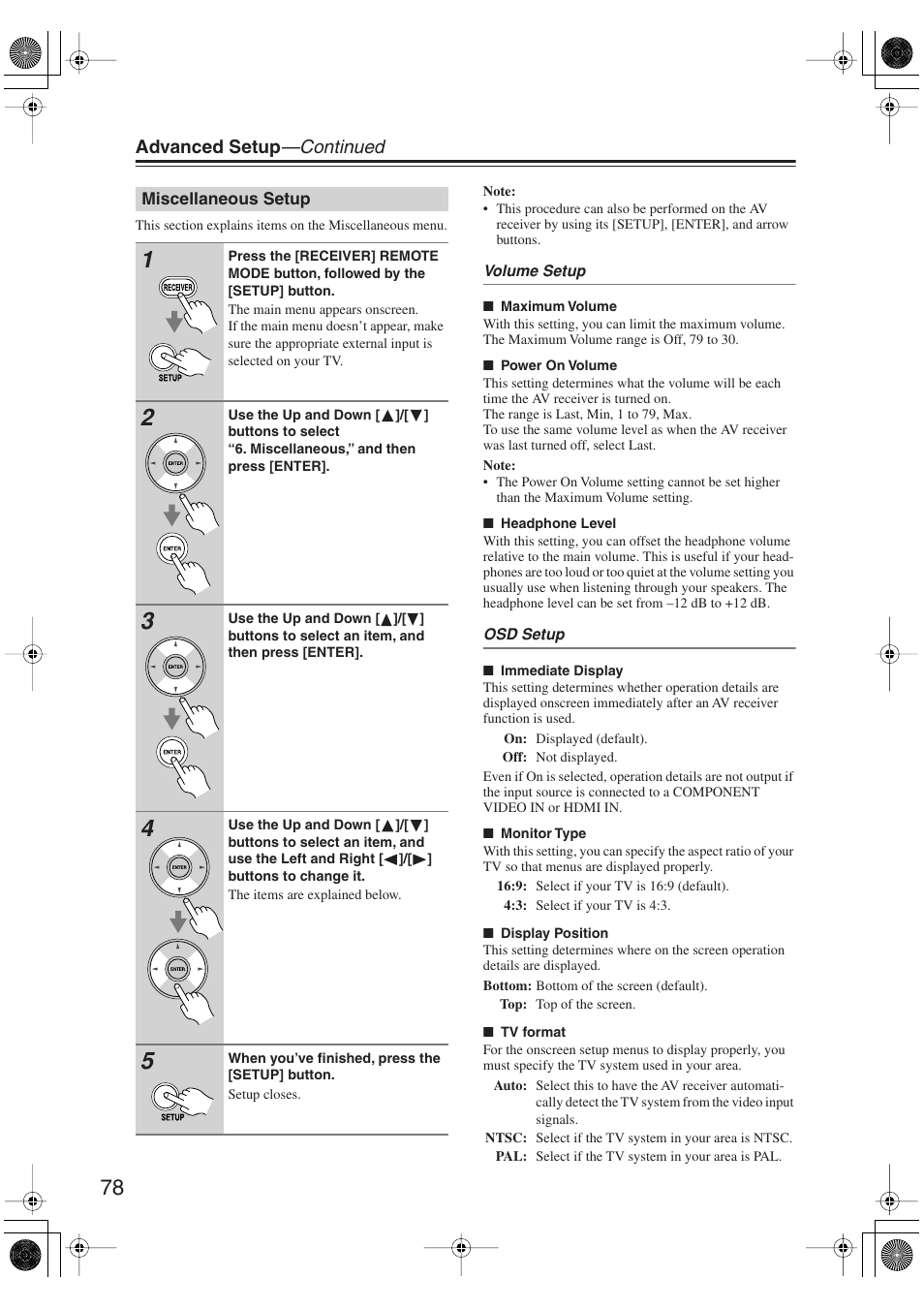 Miscellaneous setup, Advanced setup —continued | Onkyo TX-SR606 User Manual | Page 78 / 104