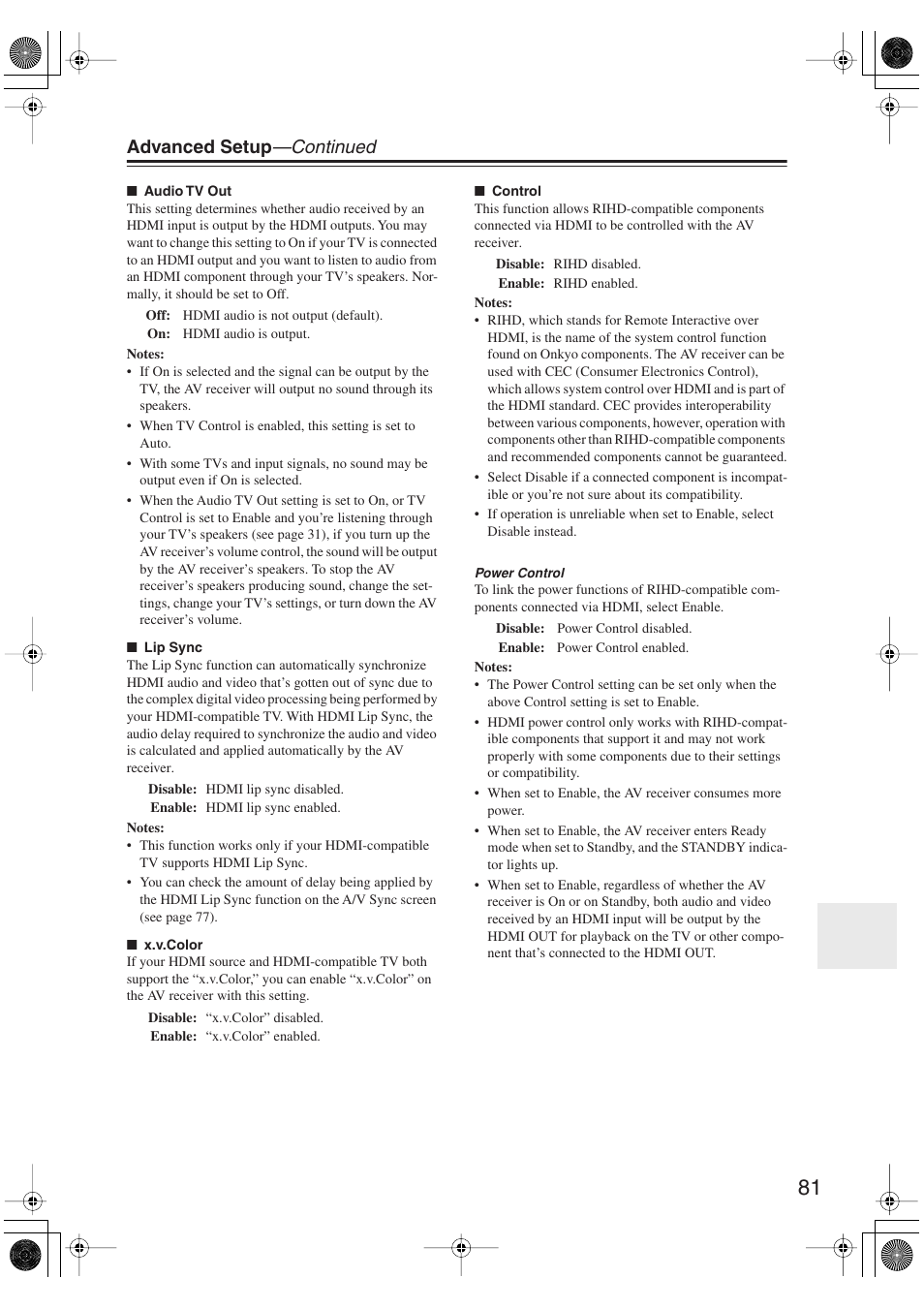 Advanced setup —continued | Onkyo TX-SR606 User Manual | Page 81 / 104