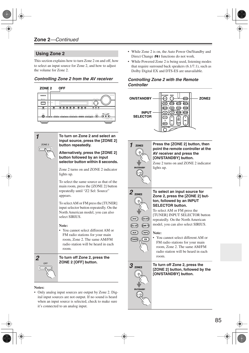 Using zone 2, Zone 2 indicator (85), Uttons (85) | Zone 2 —continued | Onkyo TX-SR606 User Manual | Page 85 / 104