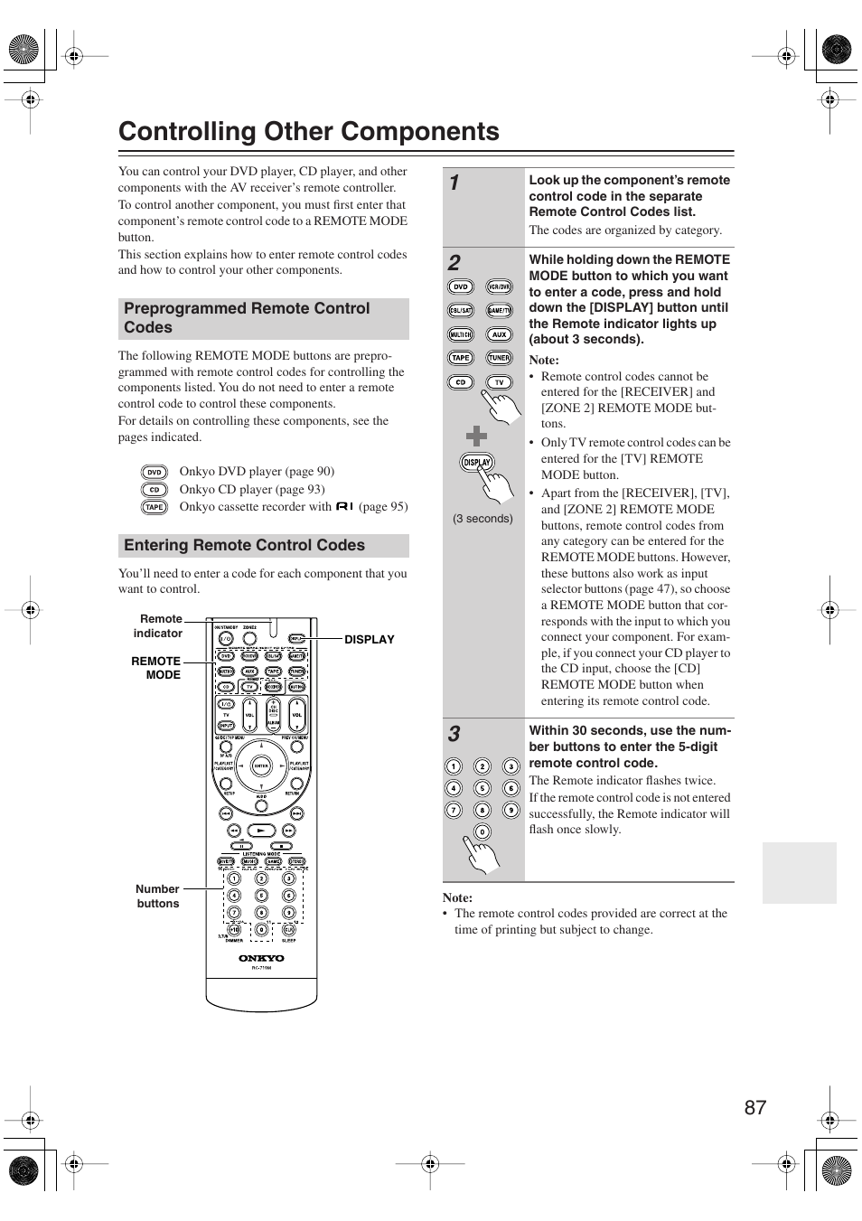Controlling other components, Preprogrammed remote control codes, Entering remote control codes | Onkyo TX-SR606 User Manual | Page 87 / 104