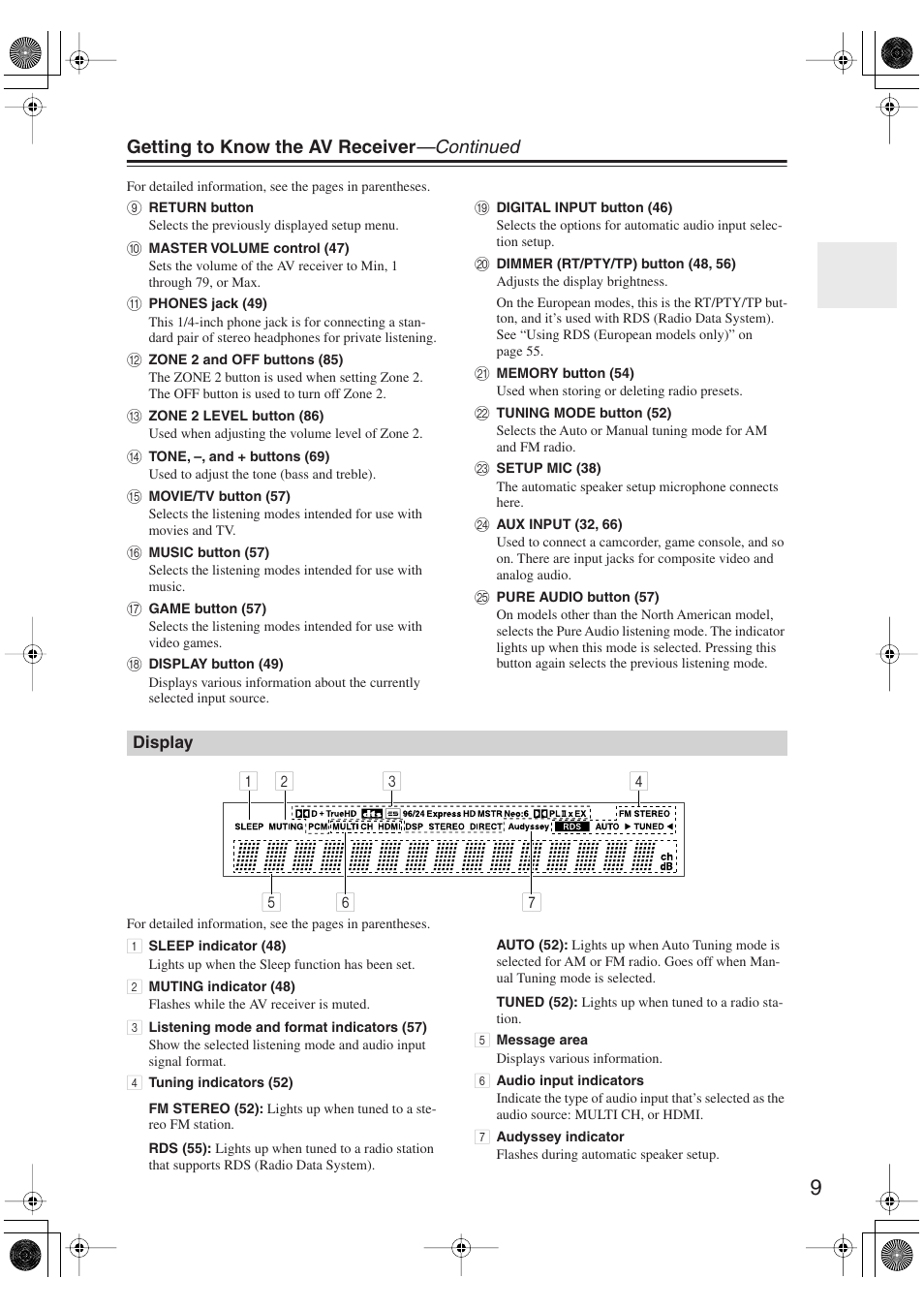 Display, Getting to know the av receiver —continued | Onkyo TX-SR606 User Manual | Page 9 / 104