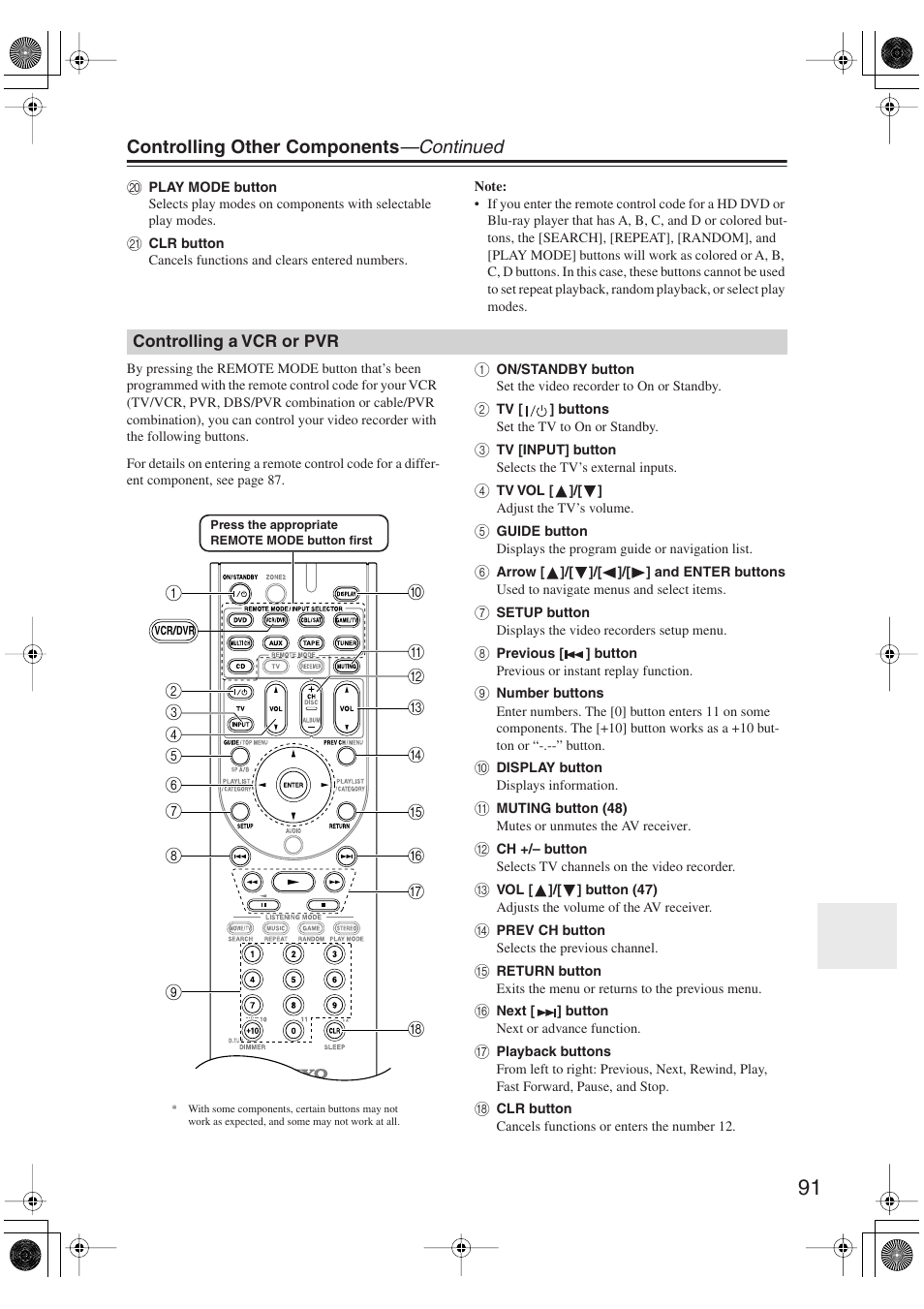 Controlling a vcr or pvr, Controlling other components —continued | Onkyo TX-SR606 User Manual | Page 91 / 104