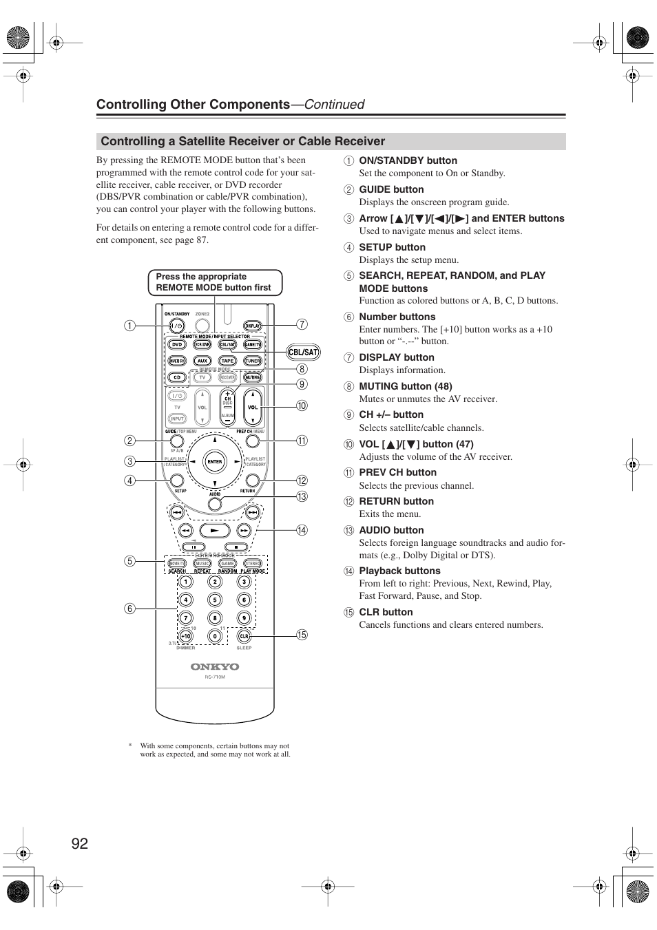 Controlling a satellite receiver or cable receiver, Controlling a satellite receiver, Or cable receiver | Controlling other components —continued | Onkyo TX-SR606 User Manual | Page 92 / 104