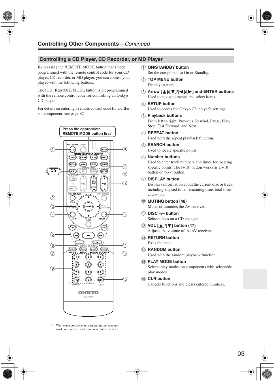 Controlling a cd player, cd recorder, or md player, Controlling a cd player, cd recorder, Or md player | Controlling other components —continued | Onkyo TX-SR606 User Manual | Page 93 / 104