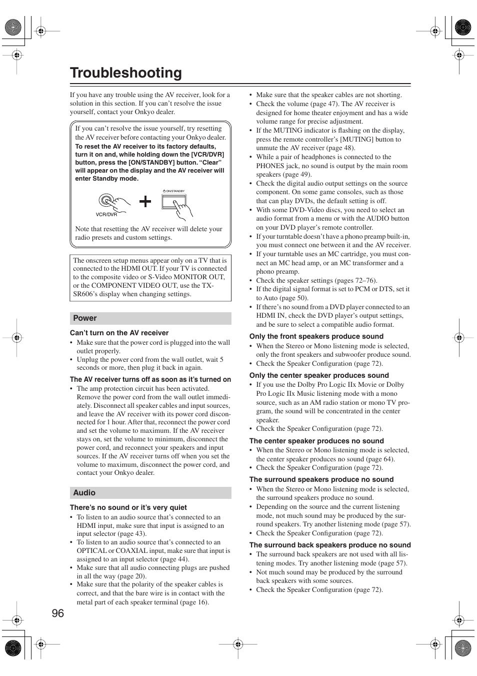 Troubleshooting | Onkyo TX-SR606 User Manual | Page 96 / 104