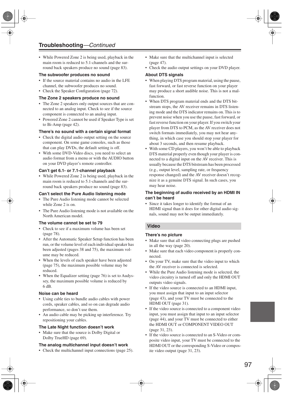 Troubleshooting —continued | Onkyo TX-SR606 User Manual | Page 97 / 104