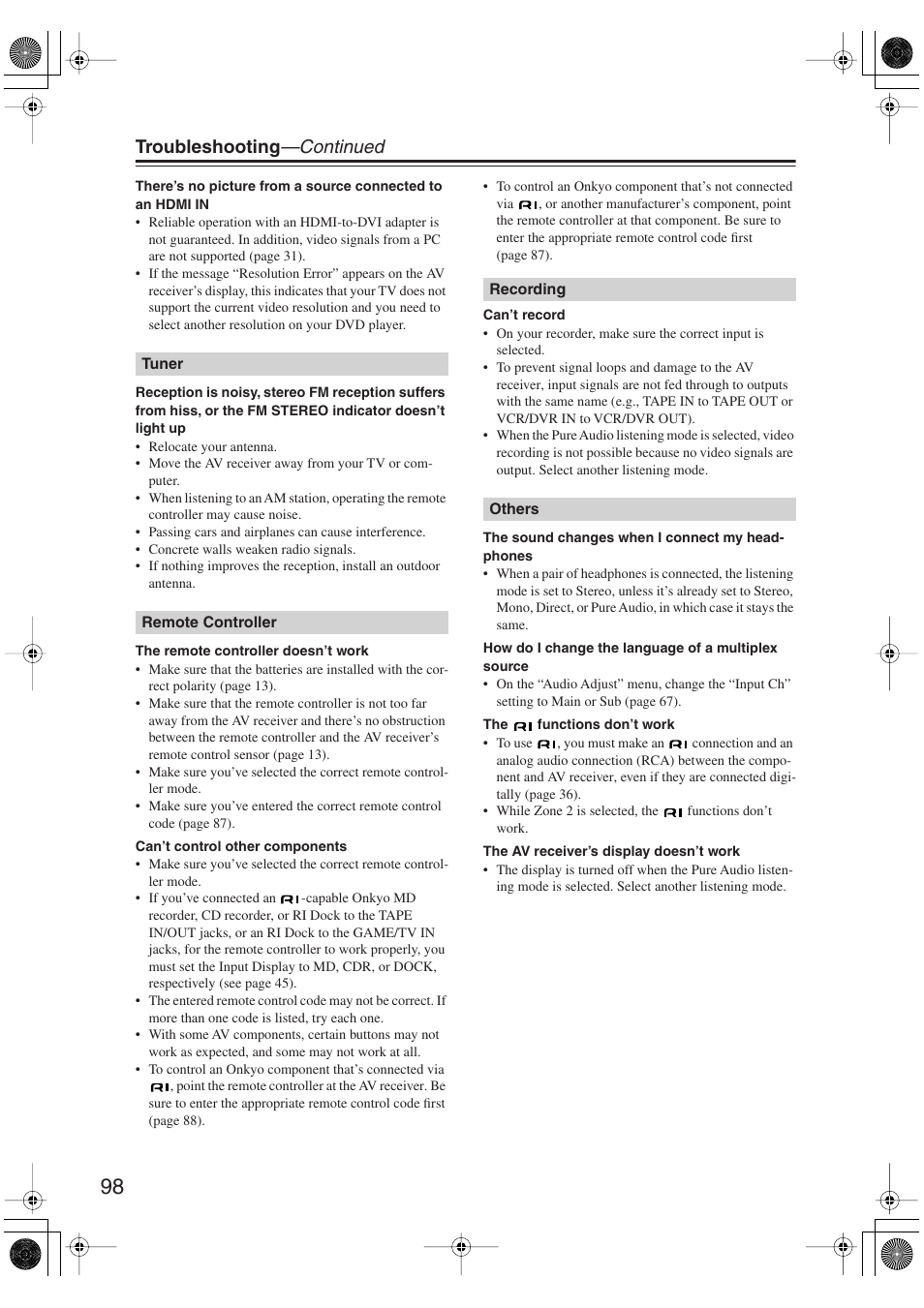 Troubleshooting —continued | Onkyo TX-SR606 User Manual | Page 98 / 104