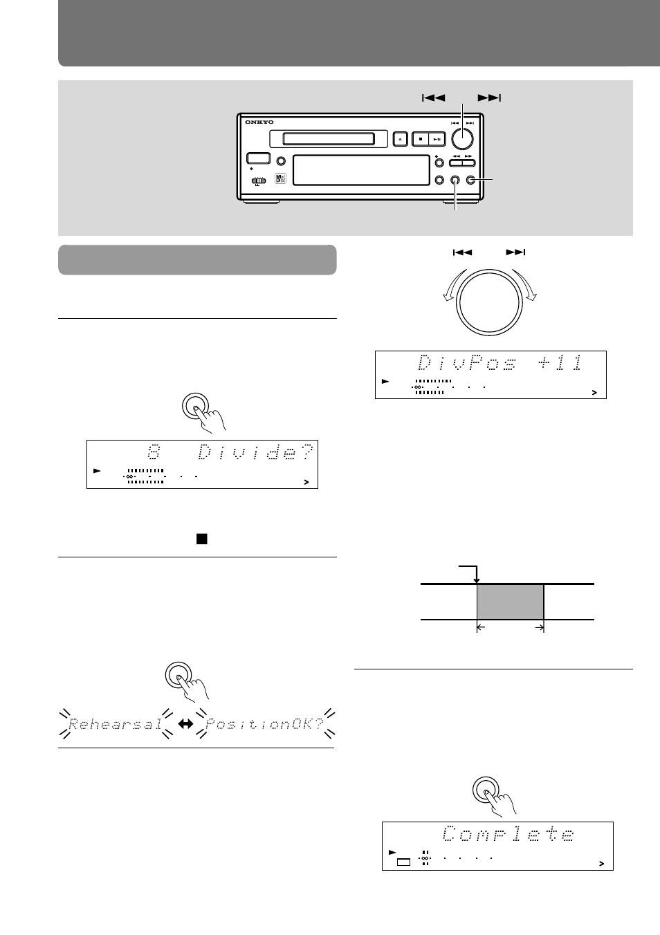Dividing a track, 38 editing the contents of an md (continued), Press the yes button to divide the track | Press the yes button, Dividing point (0.5-sec silence) play (for 8 sec), Edit/no yes q amcs w | Onkyo MD-105X User Manual | Page 38 / 56