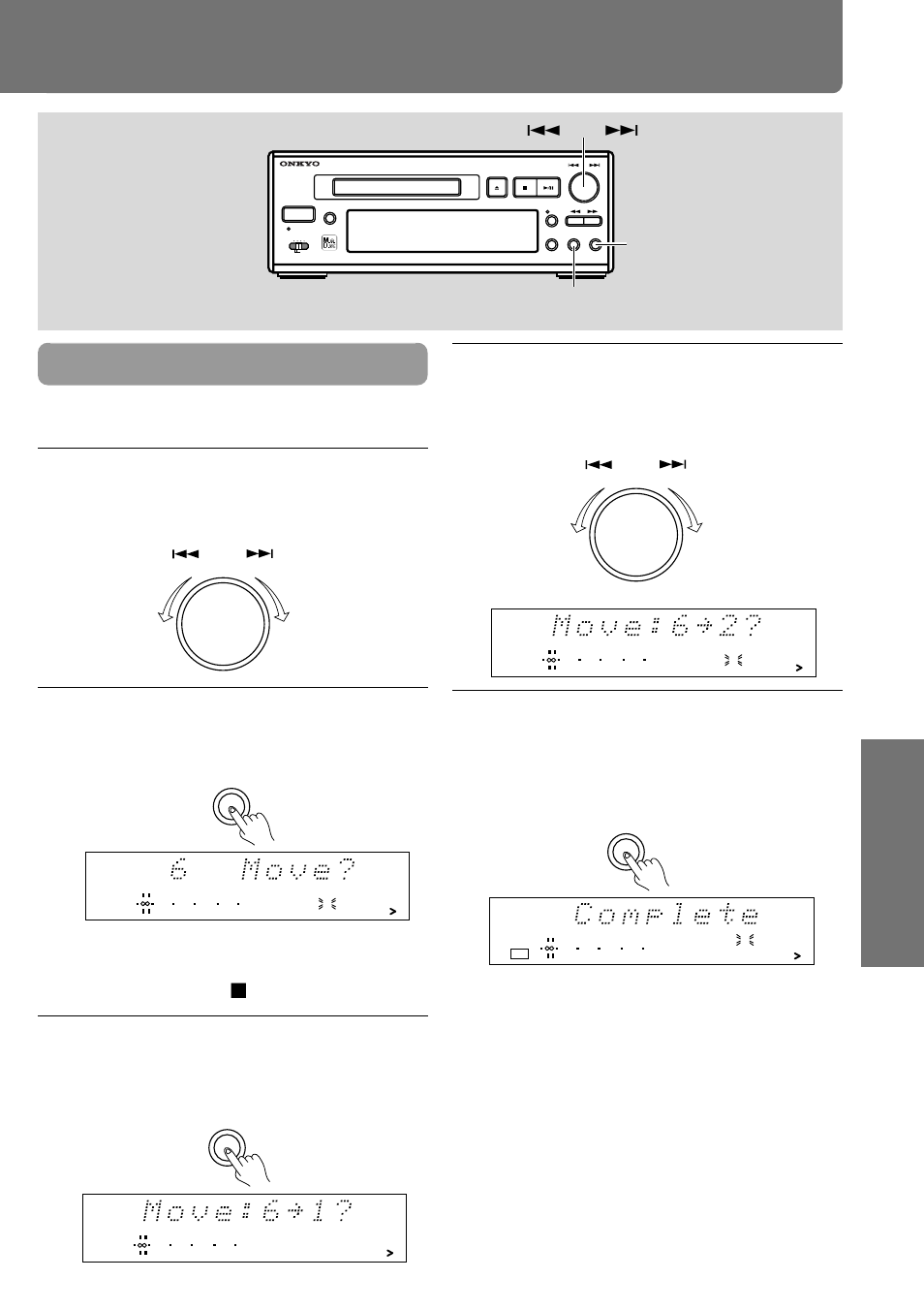 Moving a track, Editing the contents of an md (continued), Press the yes button | Press the yes button to move the selected track, Edit/no yes q amcs w | Onkyo MD-105X User Manual | Page 41 / 56