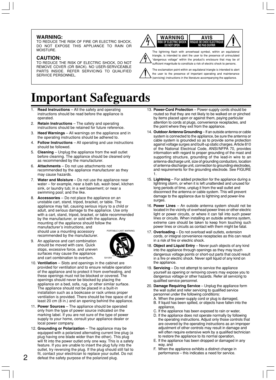 Important safeguards, Warning, Caution | Avis | Onkyo DR-C500 User Manual | Page 2 / 68