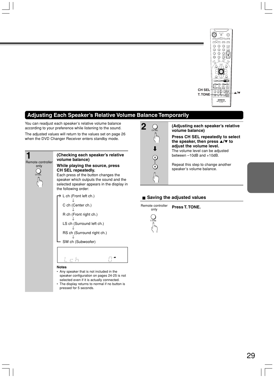 Saving the adjusted values, Press t. tone, Ch sel t. tone 5 | Remote controller only remote controller only | Onkyo DR-C500 User Manual | Page 29 / 68