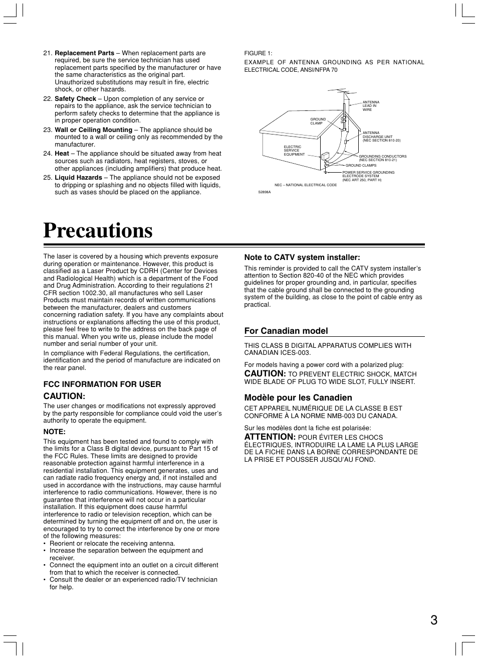 Precautions, For canadian model, Caution | Modèle pour les canadien, Attention | Onkyo DR-C500 User Manual | Page 3 / 68