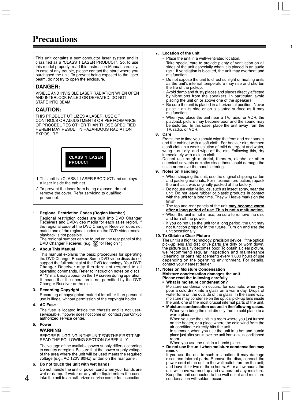 Precautions, Danger, Caution | Onkyo DR-C500 User Manual | Page 4 / 68