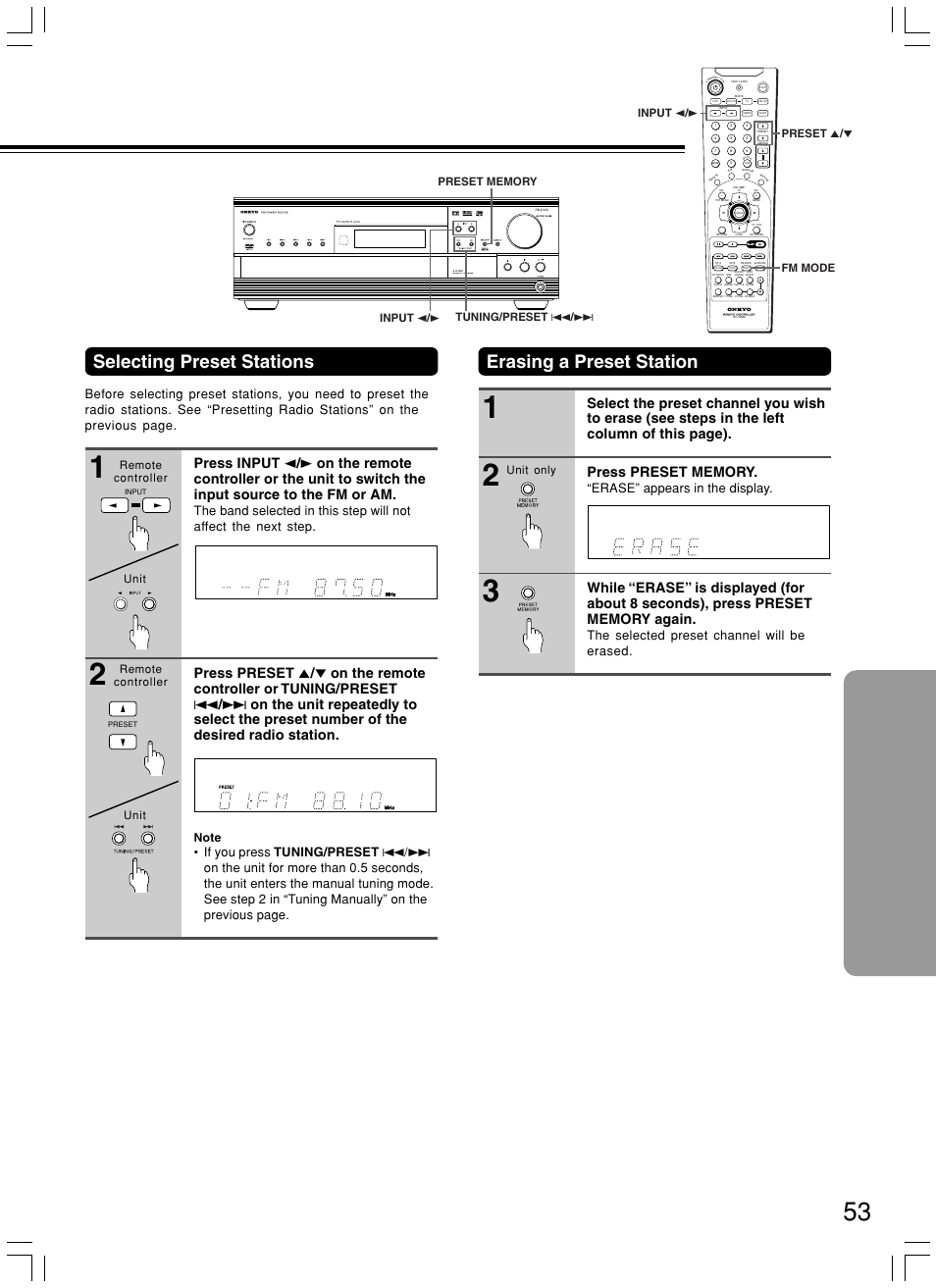 Erasing a preset station, Selecting preset stations, Erase” appears in the display | The selected preset channel will be erased, Unit only, Remote controller unit remote controller unit, Input 2 / 3 fm mode preset 5 | Onkyo DR-C500 User Manual | Page 53 / 68
